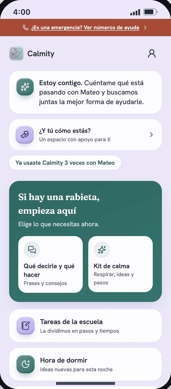 Pantalla principal de Calmity: saludo, botones Qué decirle y qué hacer y Kit de calma, y las tarjetas de tareas y hora de dormir