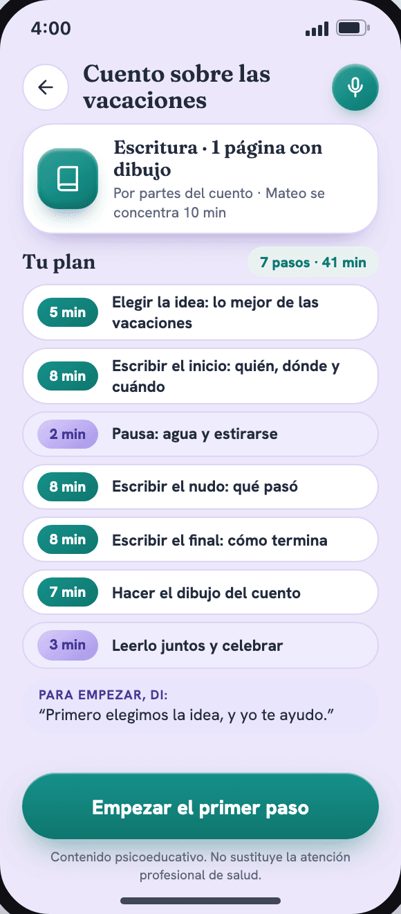 Plan de una tarea dividido en pasos, tiempos y pausas